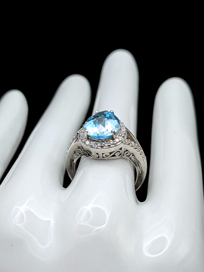 Vintage Large 4+ Carat Pear Cut Genuine Swiss Blue Topaz and Simulated Diamond Sterling Silver Ring