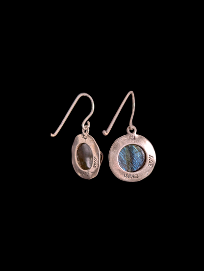 Vintage Handmade in Israel Bezel Set Genuine Labradorite Sterling Silver Hook Dangle Brutalist Earrings