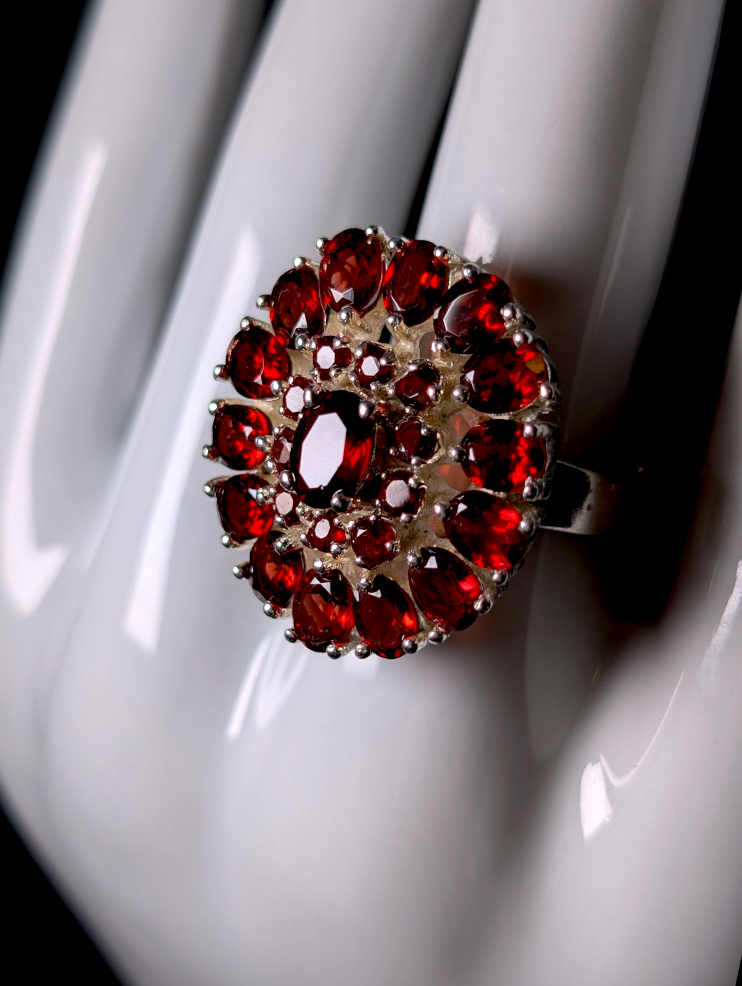 Vintage Oval Cut Genuine Pyrope Garnet Cluster Sterling Silver Statement Ring