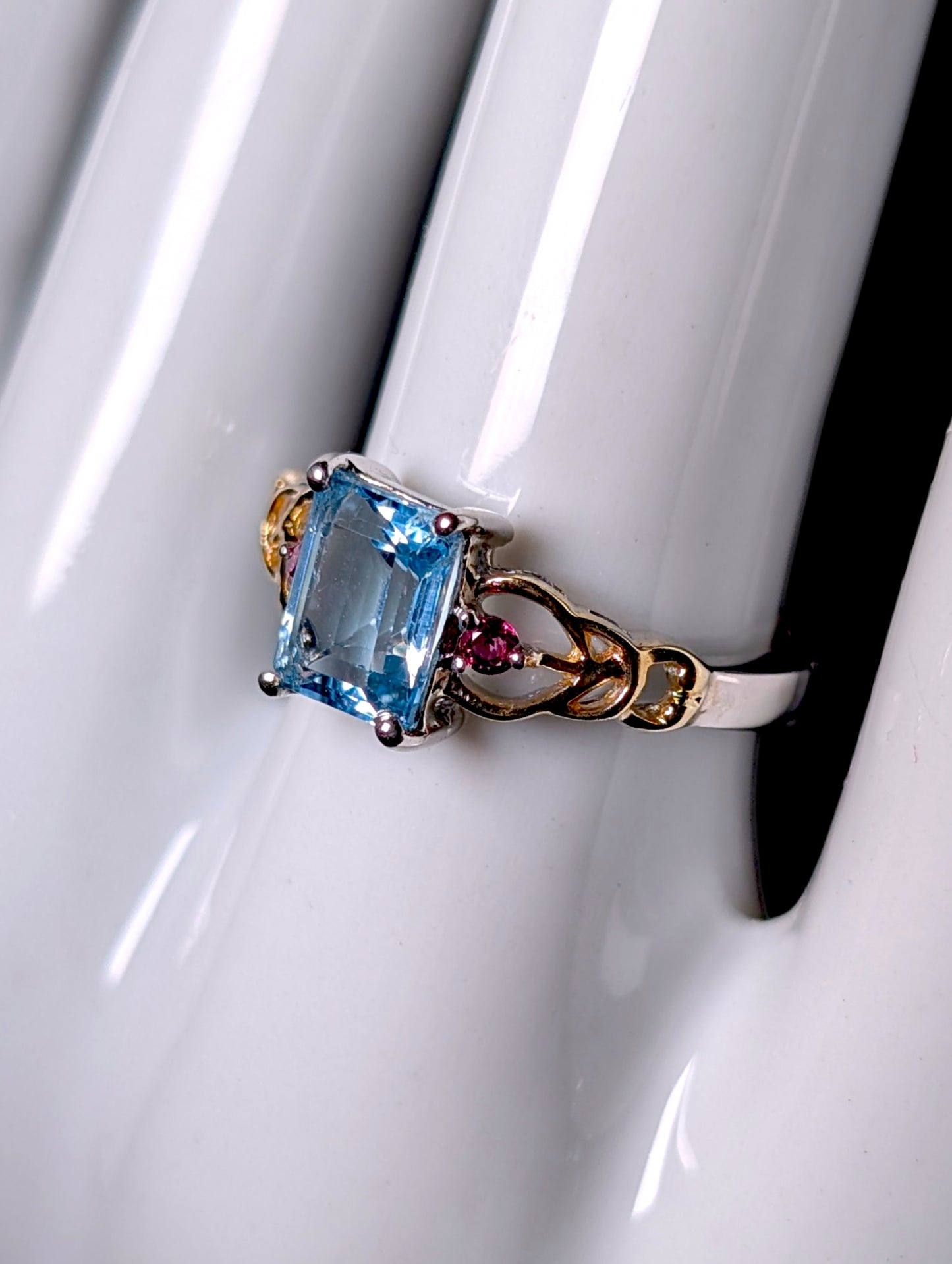 Vintage Emerald Cut Genuine Topaz and Pink Tourmaline 14k Yellow Gold and Sterling Silver Ring