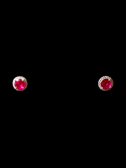 Vintage Genuine Ruby with Simulated Diamon Halo Sterling Silver Stud Earrings