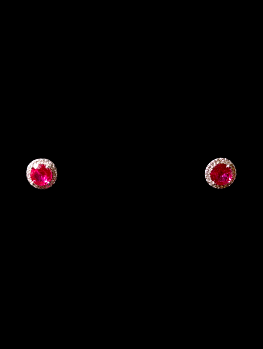 Vintage Genuine Ruby with Simulated Diamon Halo Sterling Silver Stud Earrings