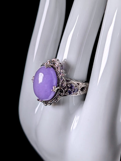 Vintage Genuine Purple Jade Solitaire, Amethyst Accents Sterling Silver Ring
