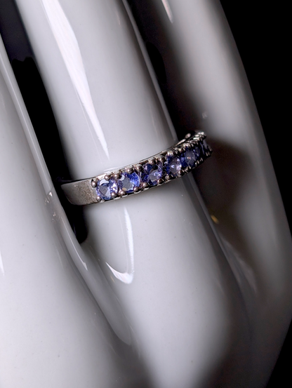 Vintage Half Eternity Band Round Cut Earth Mined Genuine Tanzanite Sterling Silver Ring