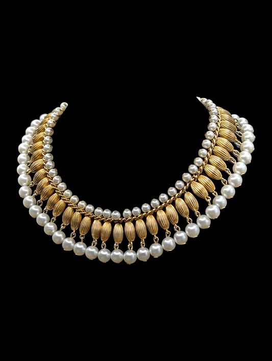 Vintage Egyptian Revival Fringe Gold and Pearl Collar Necklace