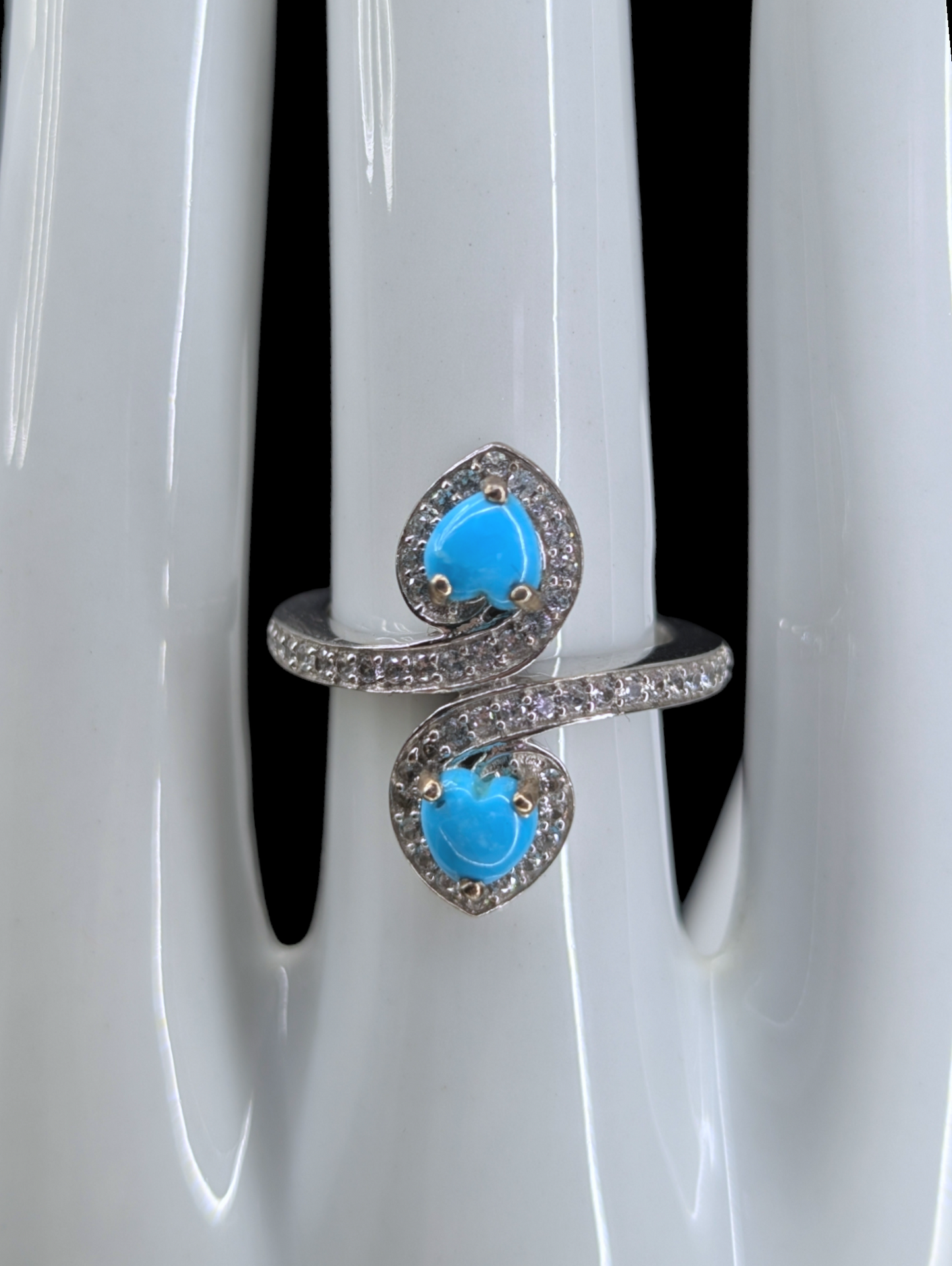 Vintage Double Heart Sleeping Beauty Genuine Turquoise and White Topaz Accent Sterling Silver Ring