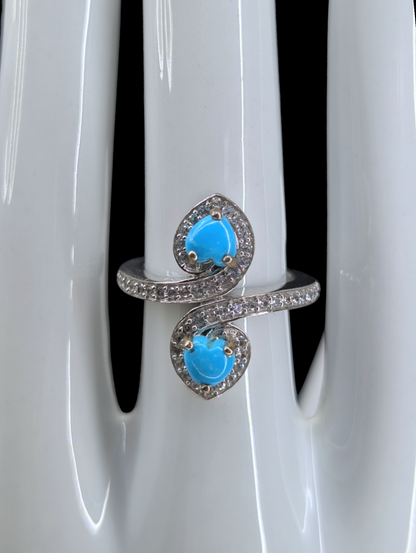 Vintage Double Heart Sleeping Beauty Genuine Turquoise and White Topaz Accent Sterling Silver Ring