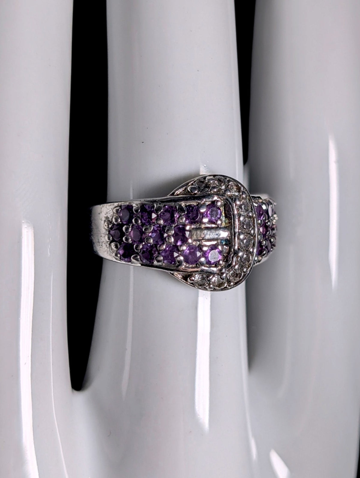 Vintage Genuine Amethyst and White Sapphire Belt Sterling Silver Ring