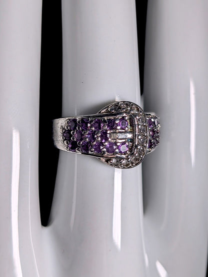 Vintage Genuine Amethyst and White Sapphire Belt Sterling Silver Ring