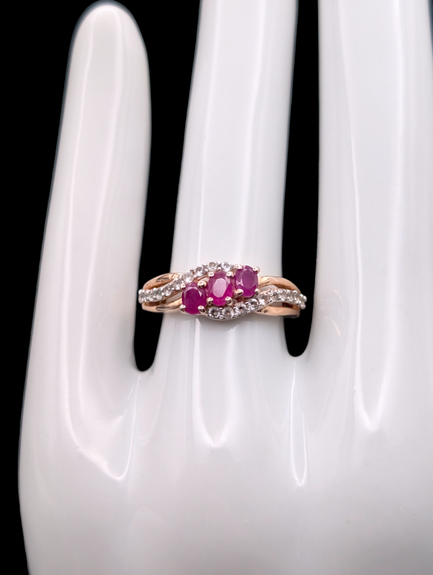 Vintage Tri Stone Genuine Earth Mined Ruby and White Topaz Accent 24k Gold Vermeil Ring Test