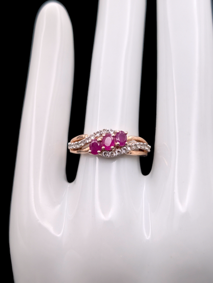 Vintage Tri Stone Genuine Earth Mined Ruby and White Topaz Accent 24k Gold Vermeil Ring Test