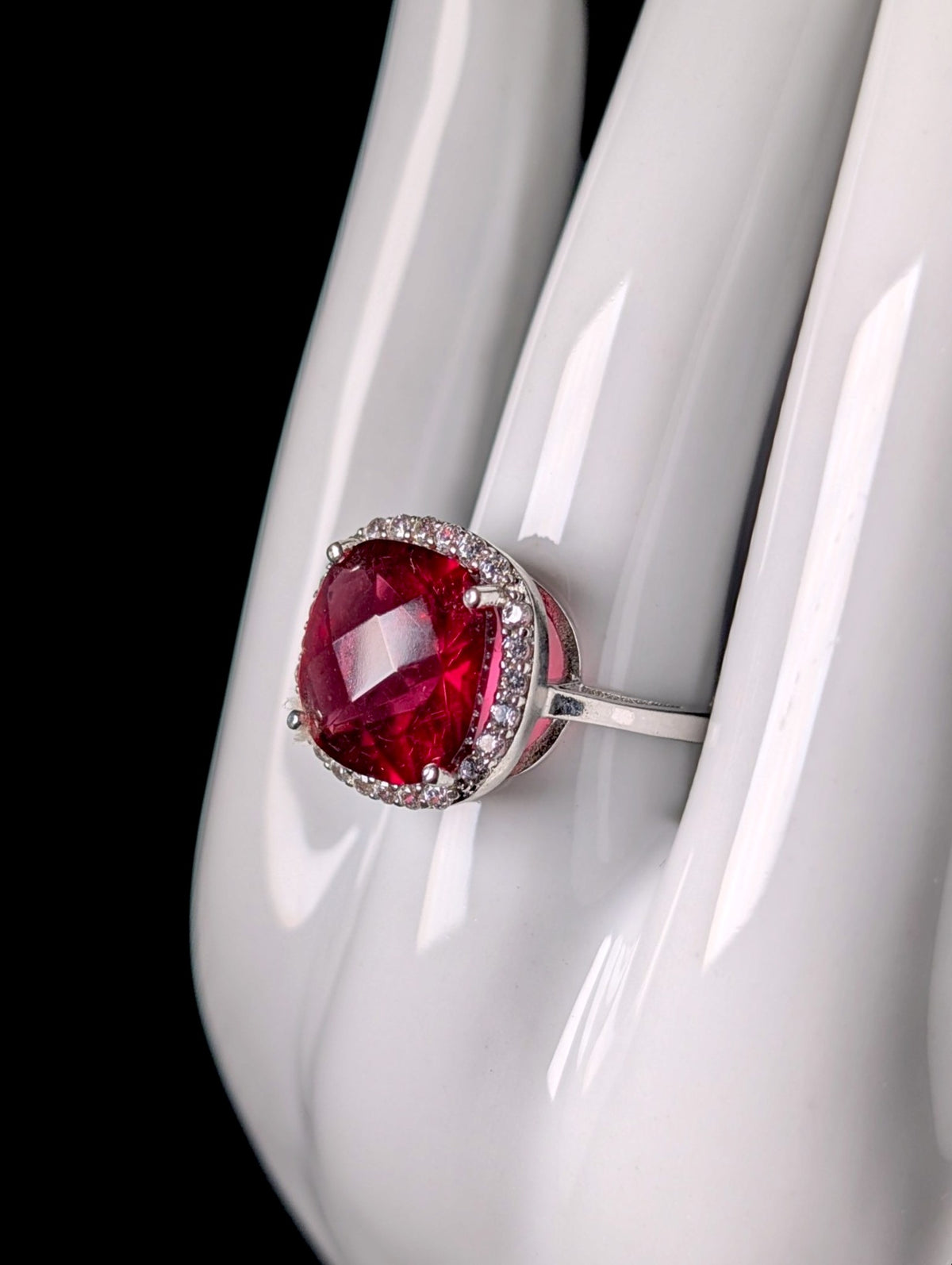 Vintage Inspired Cushion Cut Simulated Ruby Solitaire and Diamond Halo Sterling Silver Ring