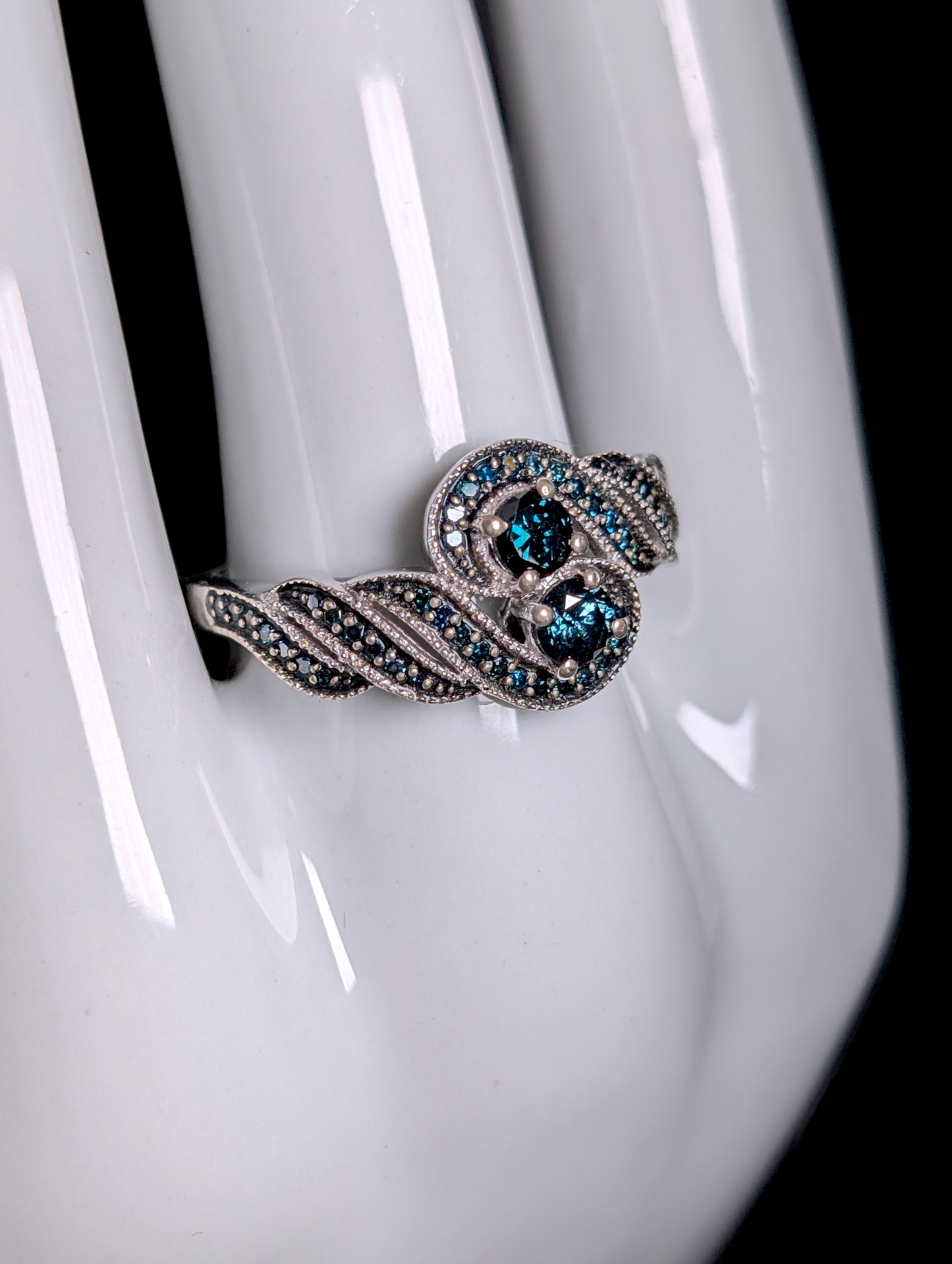 Vintage Twin Genuine Blue Diamond Crossover Sterling Silver and Black Rhodium Ring