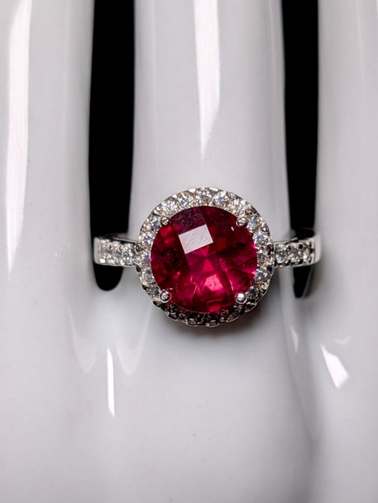 Vintage Inspired Rose Cut Simulated Ruby Solitaire and Diamond Halo Sterling Silver Ring