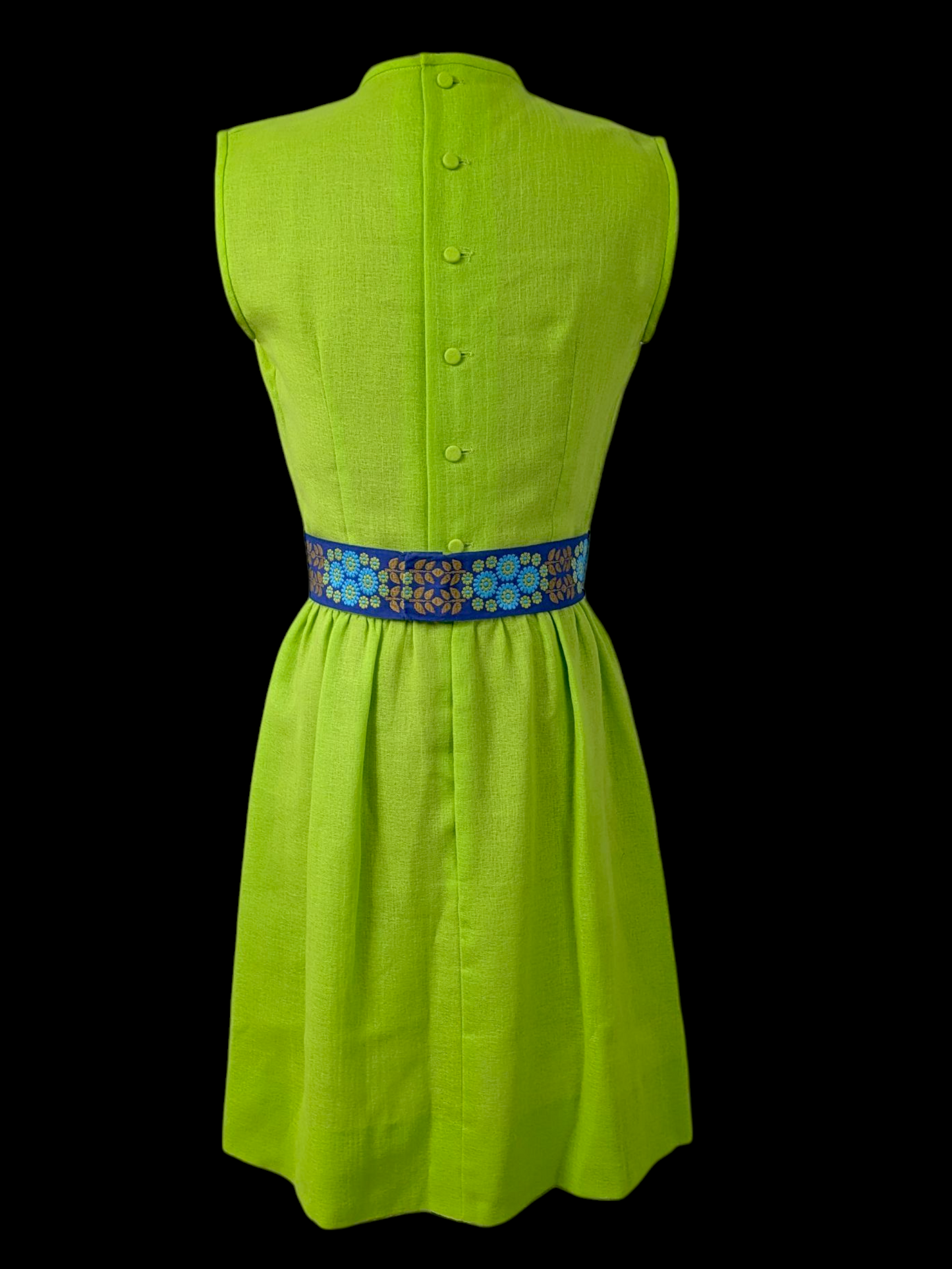 Vintage 1960s Lanz Mod Lime Green Mini Sleeveless Wiggle Dress with Wide Blue Floral Embroidered Belt