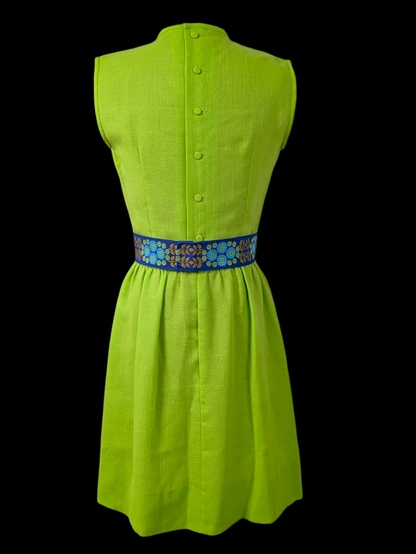 Vintage 1960s Lanz Mod Lime Green Mini Sleeveless Wiggle Dress with Wide Blue Floral Embroidered Belt