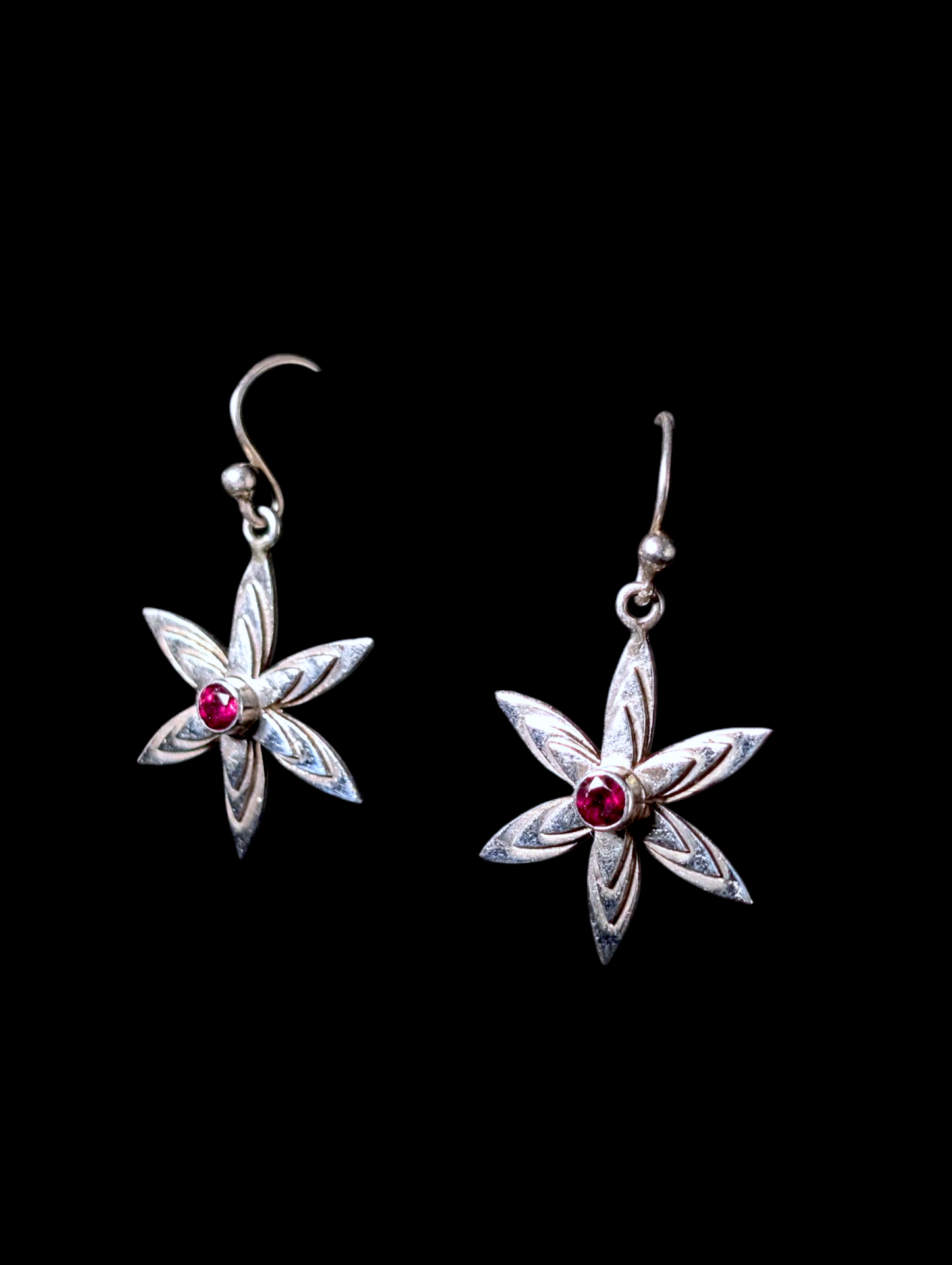 Vintage Flower Bezel Set Cabochon Genuine Garnet Sterling Silver Earrings