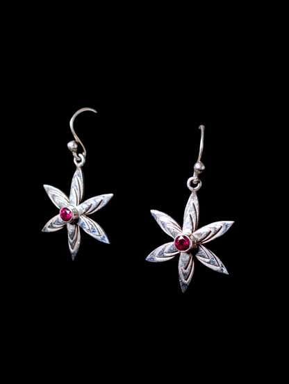 Vintage Flower Bezel Set Cabochon Genuine Garnet Sterling Silver Earrings