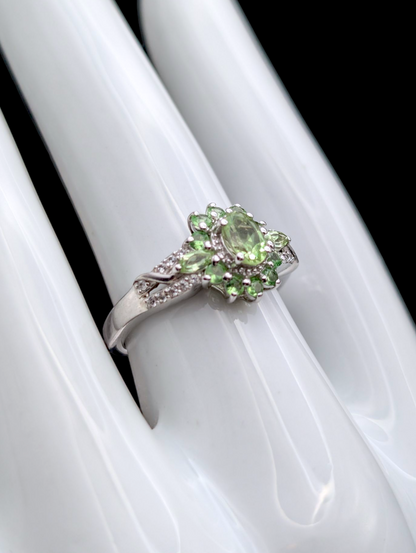 Vintage Genuine Tsavorite Garnet and White Zircon Elegant Sterling Silver Ring