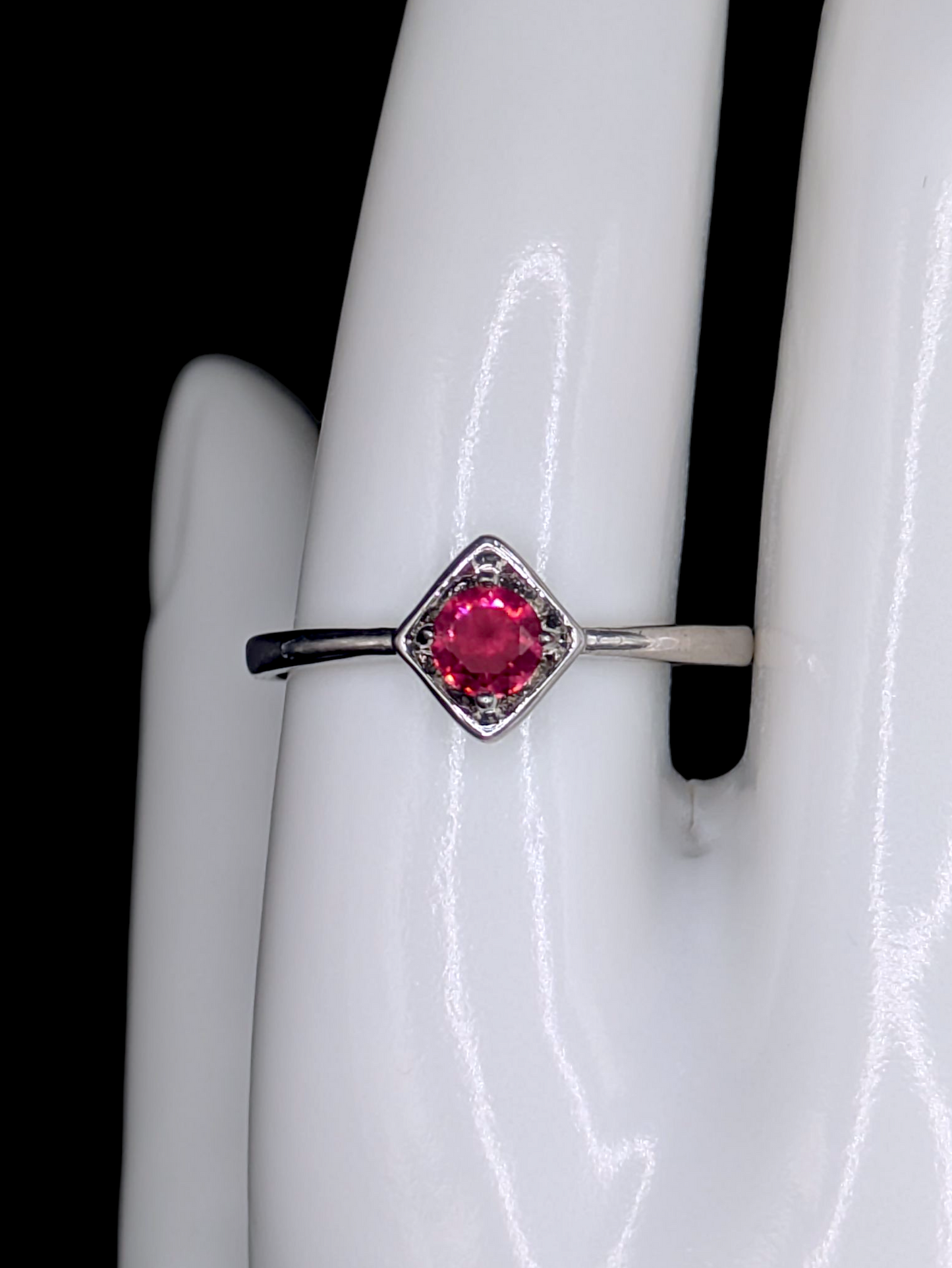 Vintage Inspired Round Brilliant Cut Simulated Ruby Solitaire Silver Toned Ring