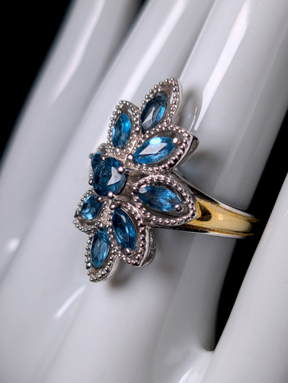 Vintage Cluster Starburst Marquise Cut Genuine London Blue Topaz Sterling Silver and 14k Gold Ring