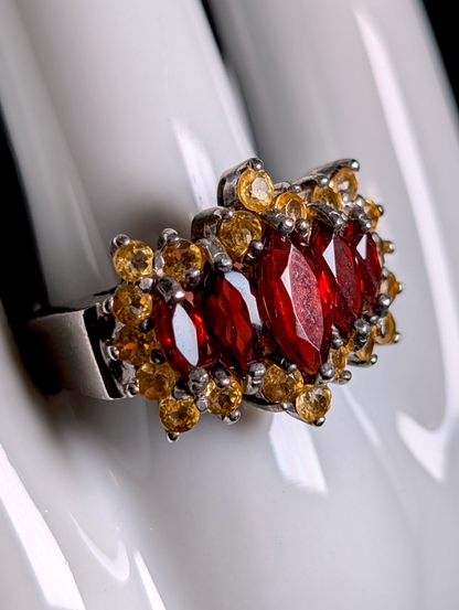 Vintage Marquise Cut Genuine Red Garnet and Citrine Starburst Halo Sterling Silver Cocktail Statement Ring