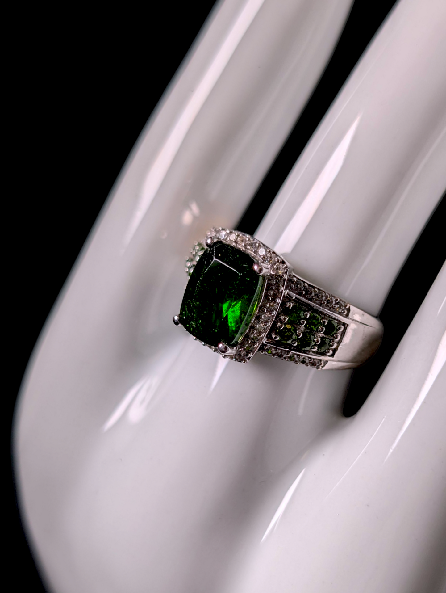 Vintage Radiant Cut Solitaire Emerald Green Genuine Chrome Diopside and White Zircon Halo Sterling Silver Ring