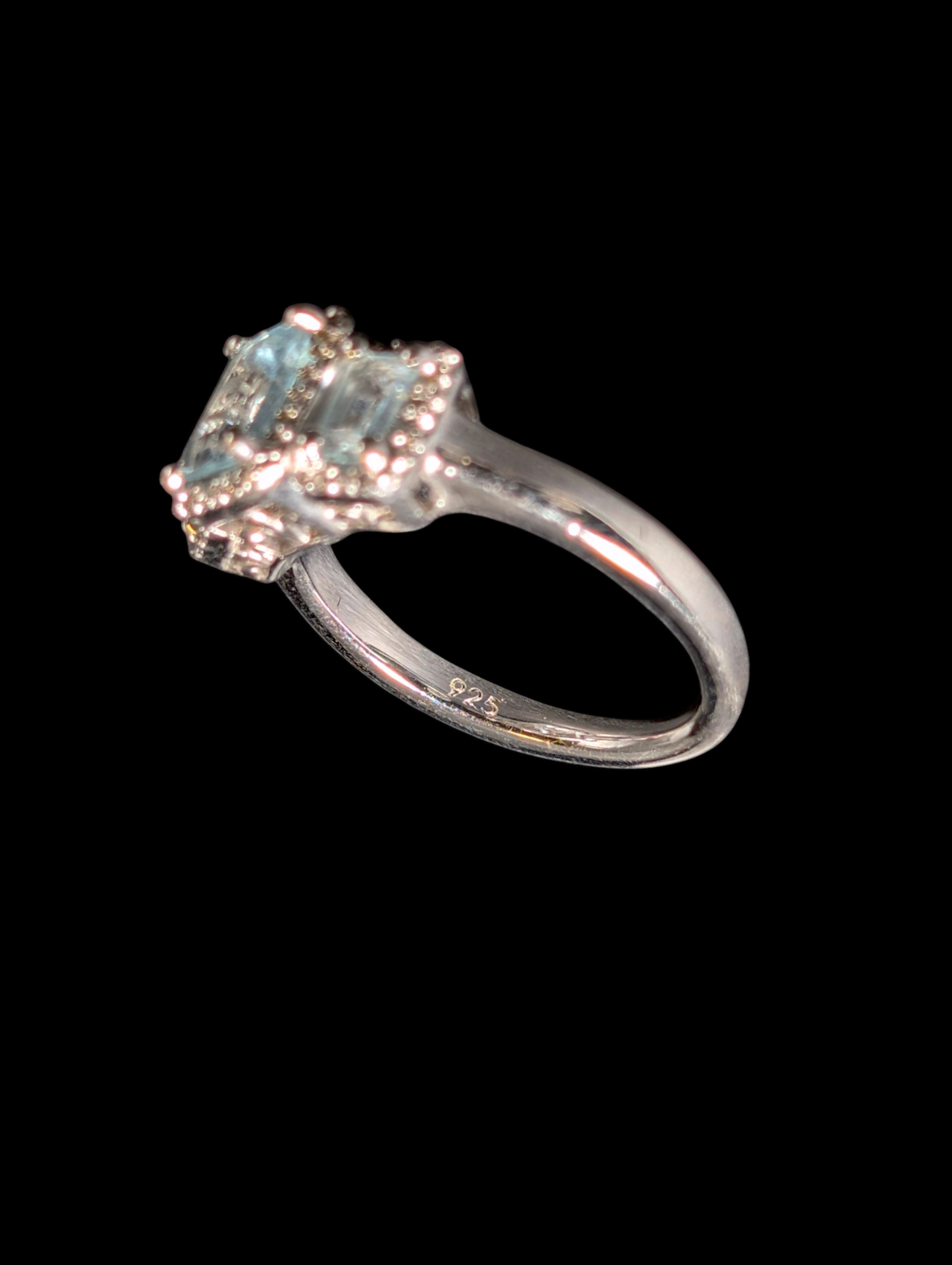 Vintage Emerald Cut Three Stone Genuine Aquamarine and Diamond Accented Halo Sterling Silver Ring