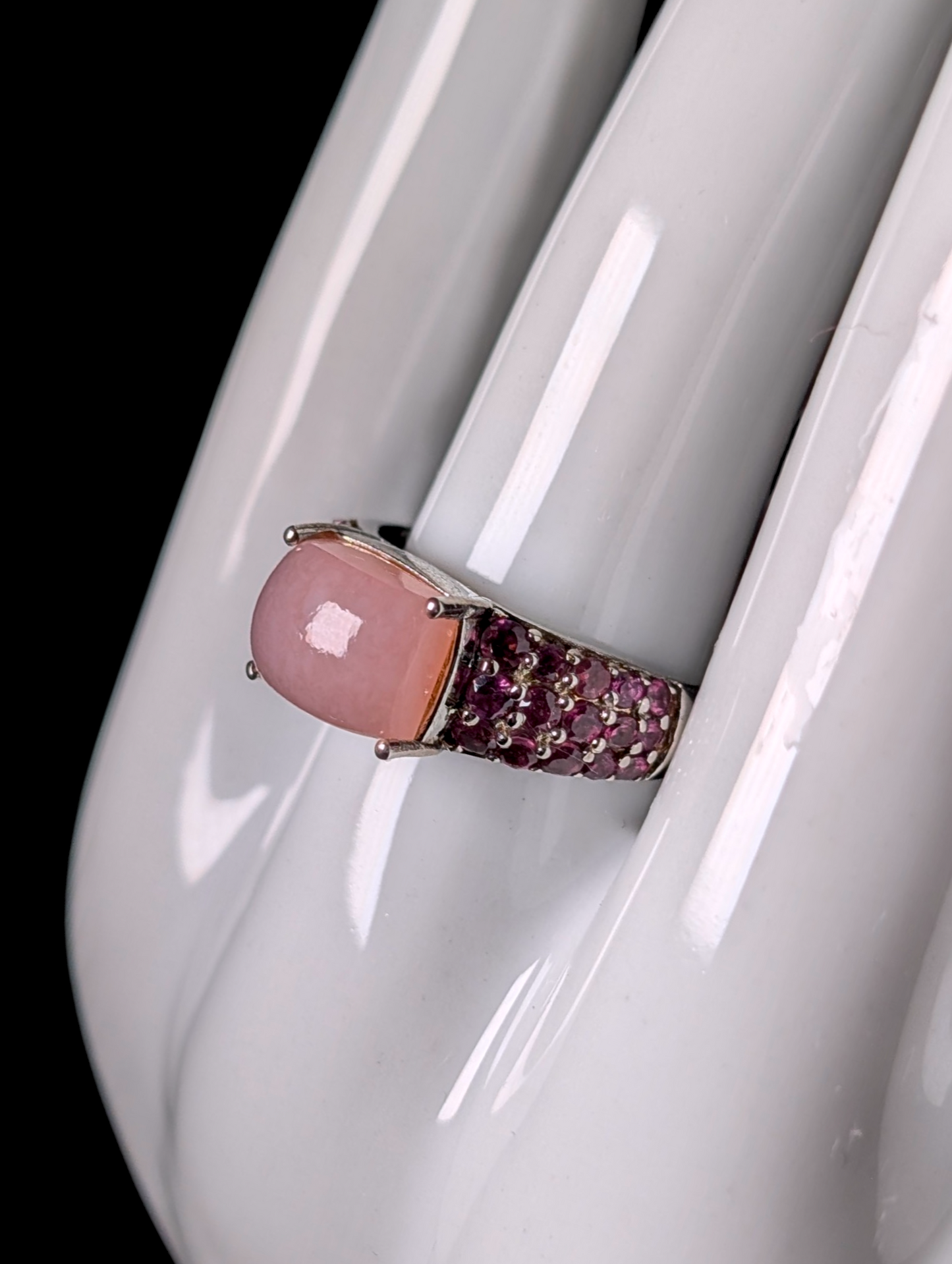 Vintage D'Joy Cabochon Cut Genuine Peruvian Pink Opal and Rhodolite Garnet Accent Stones Platinum over Sterling Silver Ring