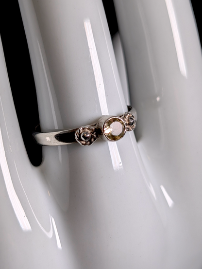 Vintage Dainty Cabochon Cut Genuine Pale Citrine Bezel Set Solitaire Sterling Silver Stackable Ring