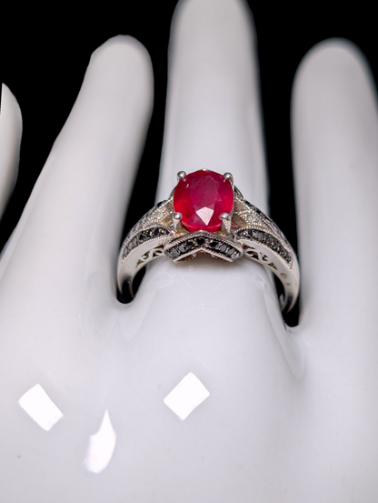 Vintage Art Deco Inspired Oval Cut Earth Mined Genuine Ruby Solitaire with Black and White Diamond Accents Sterling Silver Ring