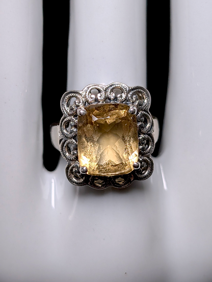 Vintage Large Georgian Inspired Radiant Cut Genuine Citrine Sterling Silver Filigree Halo Ring