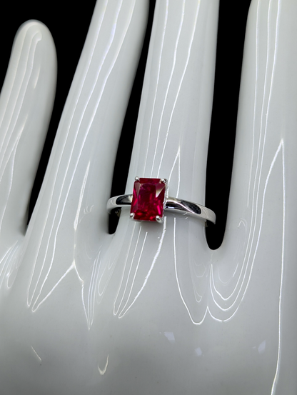 Vintage Radiant Cut Genuine Ruby Solitaire Rhodium Over Sterling Silver Ring