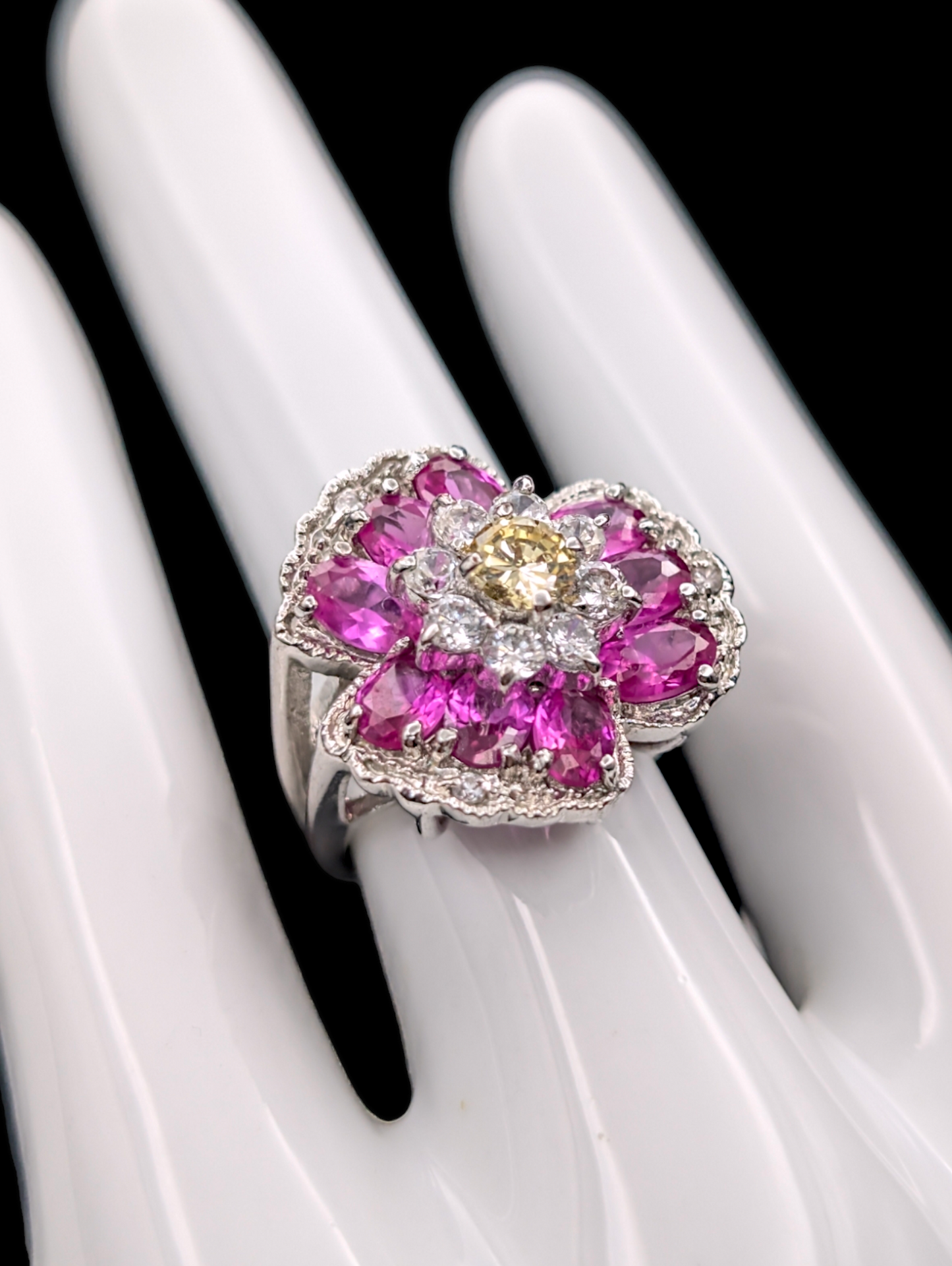 Vintage Pink Sapphire and Simulated Diamond 18k White Gold HGE Sterling Silver Ring