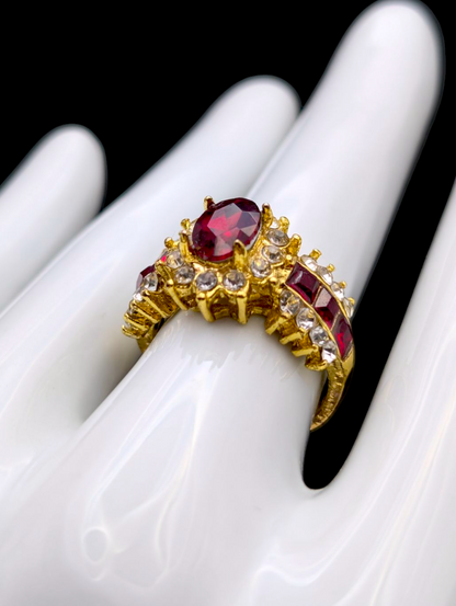 Vintage Dazzling Simulated Red Ruby and Diamond Starburst Halo Gold Toned Statement Ring
