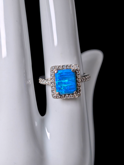 Vintage Inspired Rectangular Slate Cut Simulated Blue Opal and Simulated Diamond Halo Sterling Silver Ring