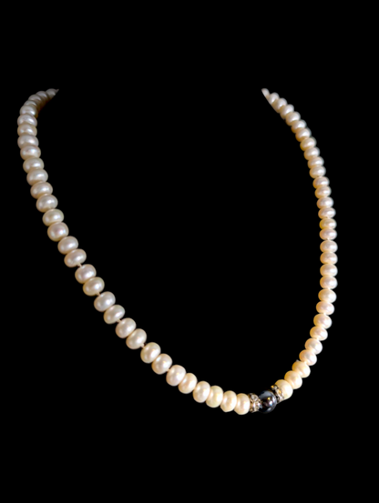 Vintage Hand Knotted Genuine Cultured Freshwater Potato Shaped Pearl and Hematite Sterling Silver Necklace