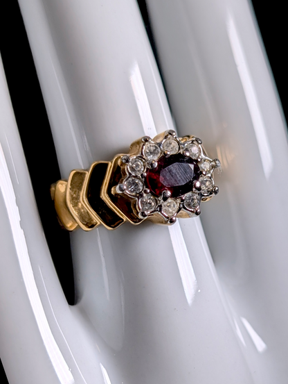 Vintage Genuine Red Garnet Solitaire with Simulated Diamond Halo Gold Toned Statement Ring