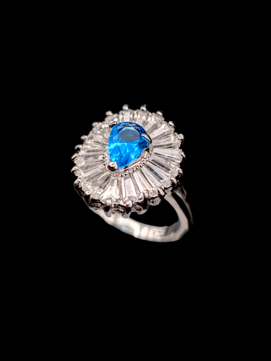 Vintage Simulated Swiss Blue Topaz and Diamond Silver Costume Ring