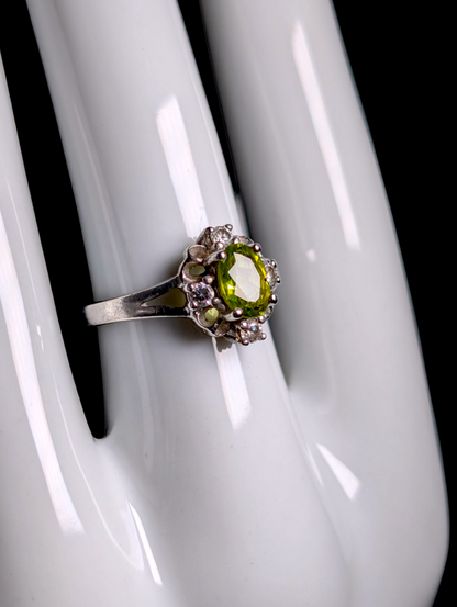 Vintage Dainty Genuine Peridot Solitaire with Simulated Diamond Accents Sterling Silver Ring