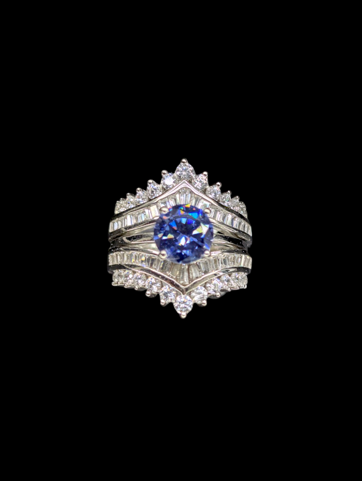 Vintage Inspired Simulated Tanzanite and Diamond 3 Piece Sterling Silver Ring Set