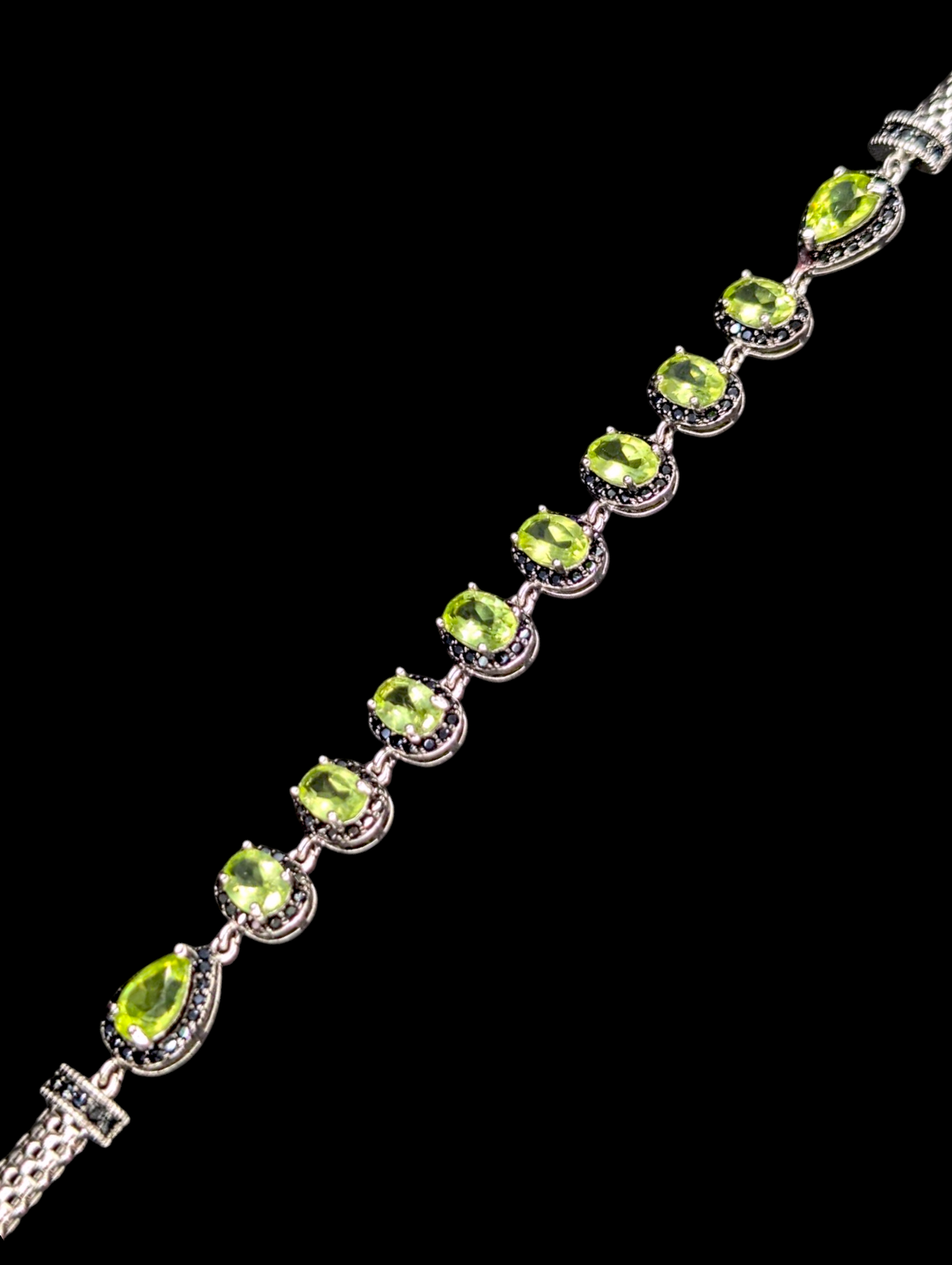 Vintage Genuine Peridot and Black Spinel Gemstone Sterling Silver Tennis Bracelet