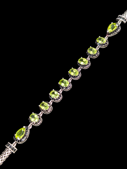 Vintage Genuine Peridot and Black Spinel Gemstone Sterling Silver Tennis Bracelet