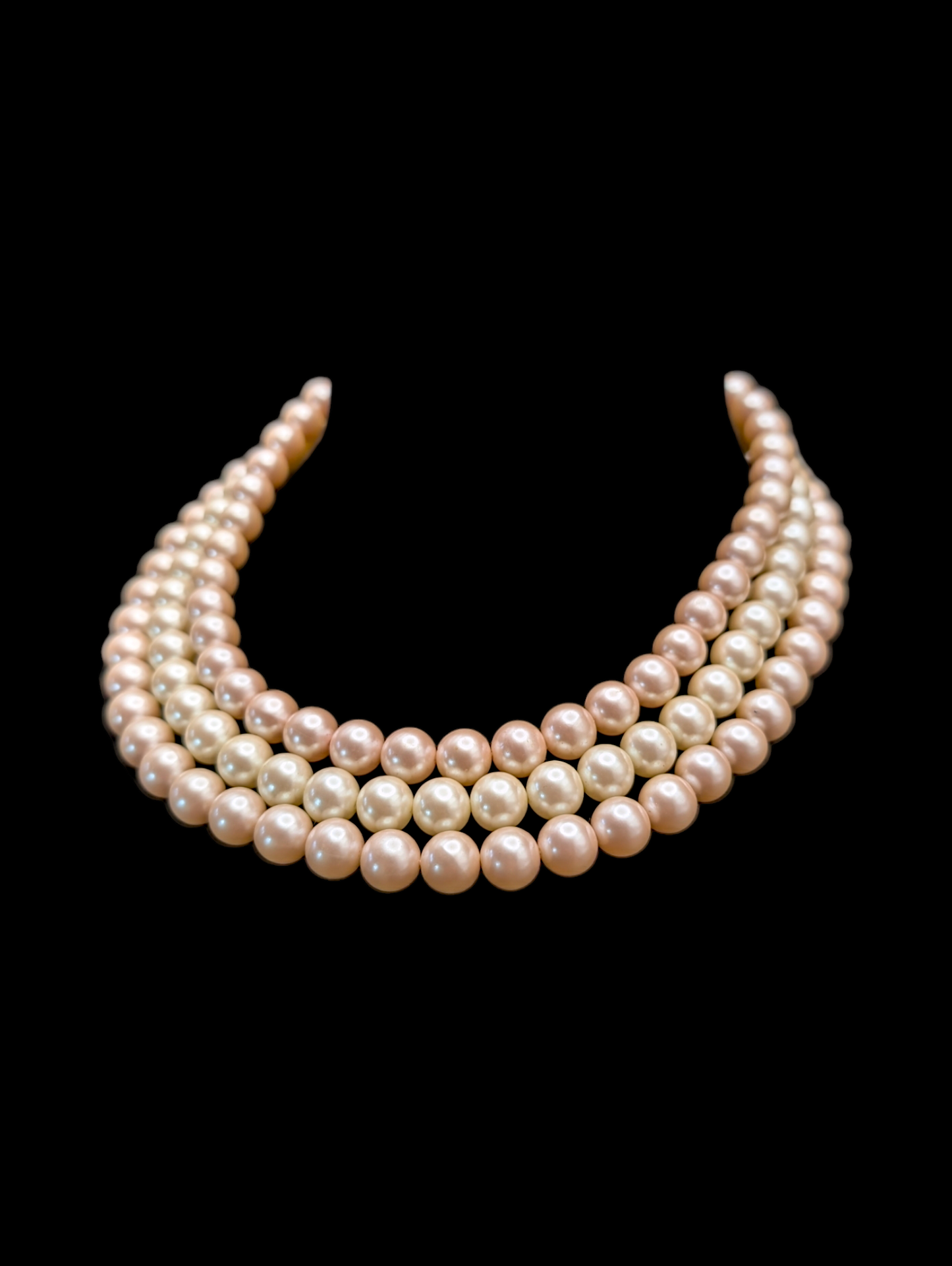 1950s Fresh Water 3 Strand Pink and White Glass Pearl Bib Necklace