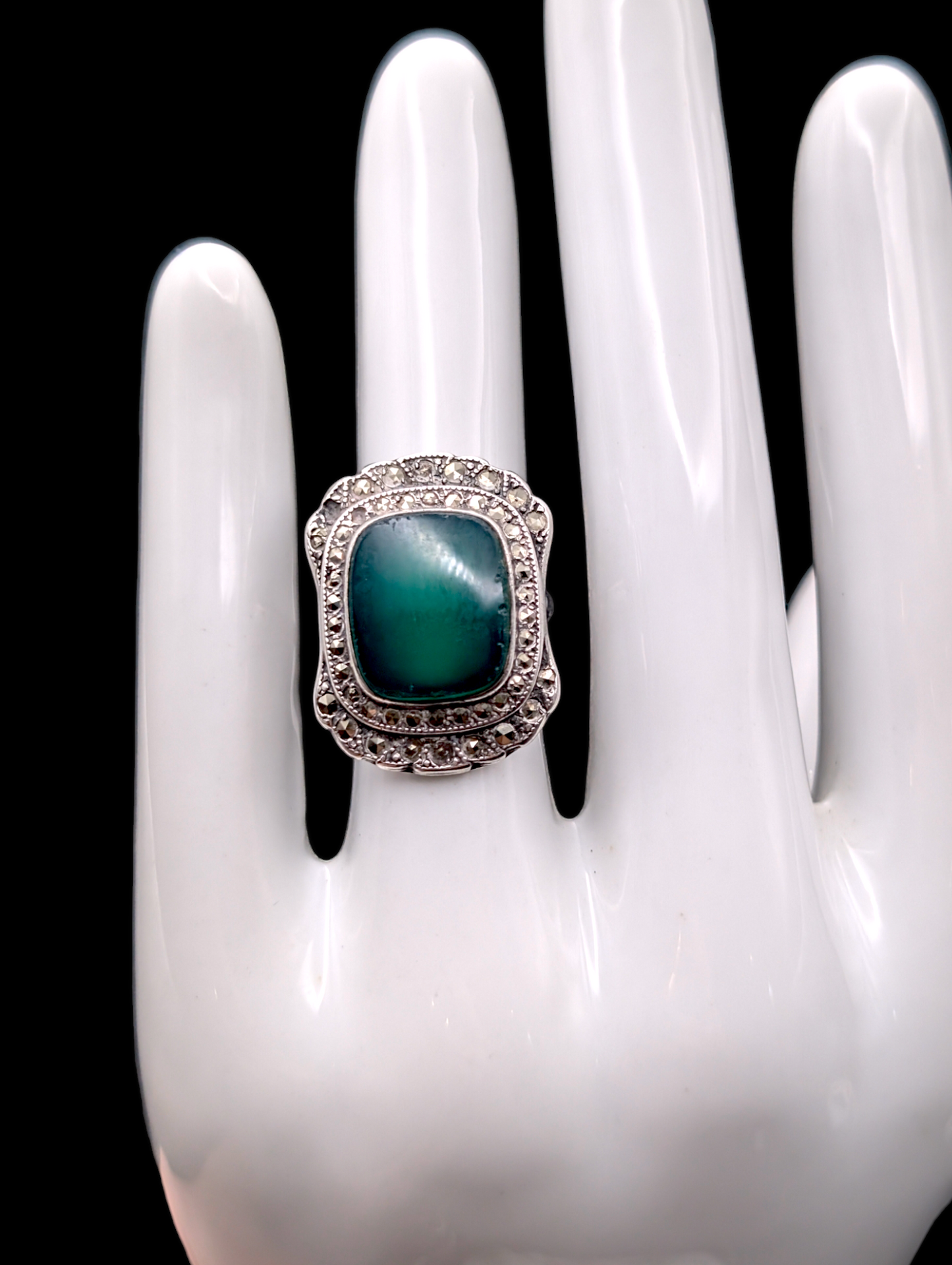 1920s Antique Art Deco Green Chrysoprase and Marcasite Sterling Silver Pinky Ring