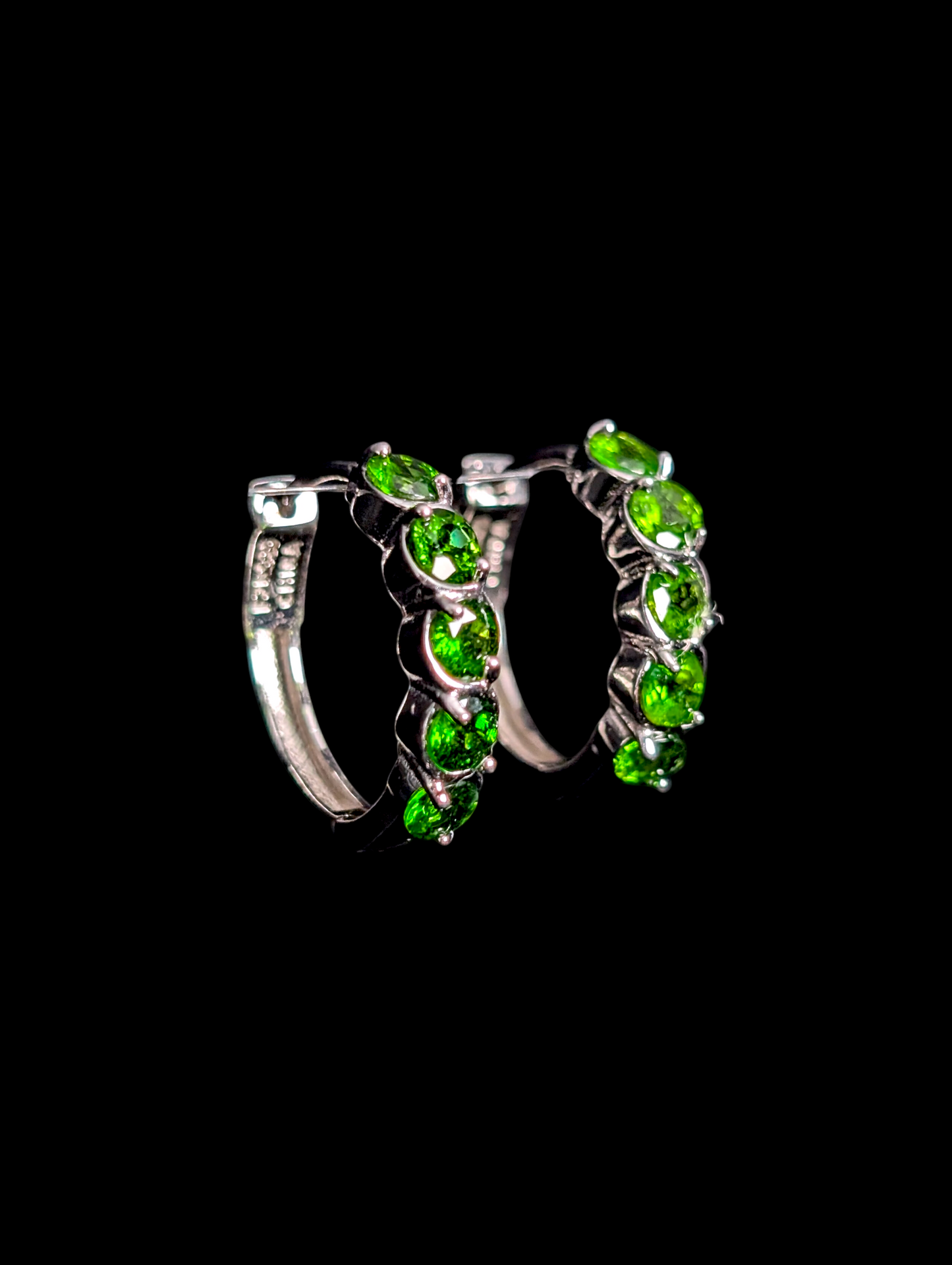 Vintage Genuine Chrome Diopside Sterling Silver Hinged Wingback Hoop Earrings