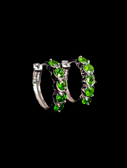 Vintage Genuine Chrome Diopside Sterling Silver Hinged Wingback Hoop Earrings