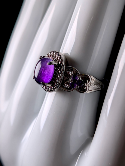 Vintage Cabochon Cut Genuine Amethyst Solitaire Double Halo Stainless Steel Butterfly Ring