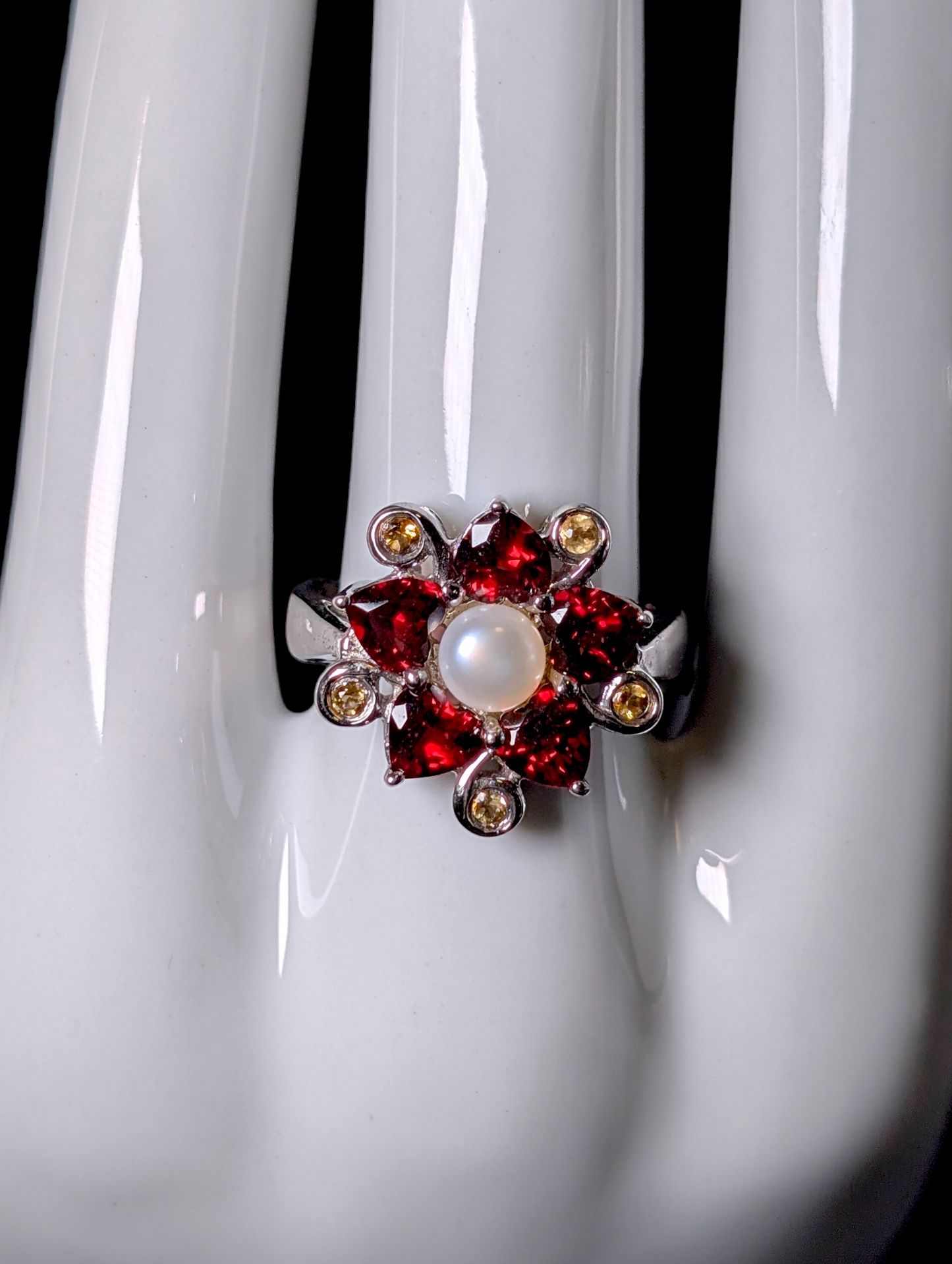Vintage Flower Motif Verified Garnet, Citrine and Pearl Sterling Silver Ring
