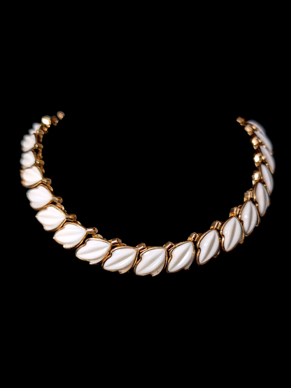 1950s - 1960s Crown Trifari Alfred Phillippe Dogwood White Leaf Choker Necklace and Matching Earrings Statement Set